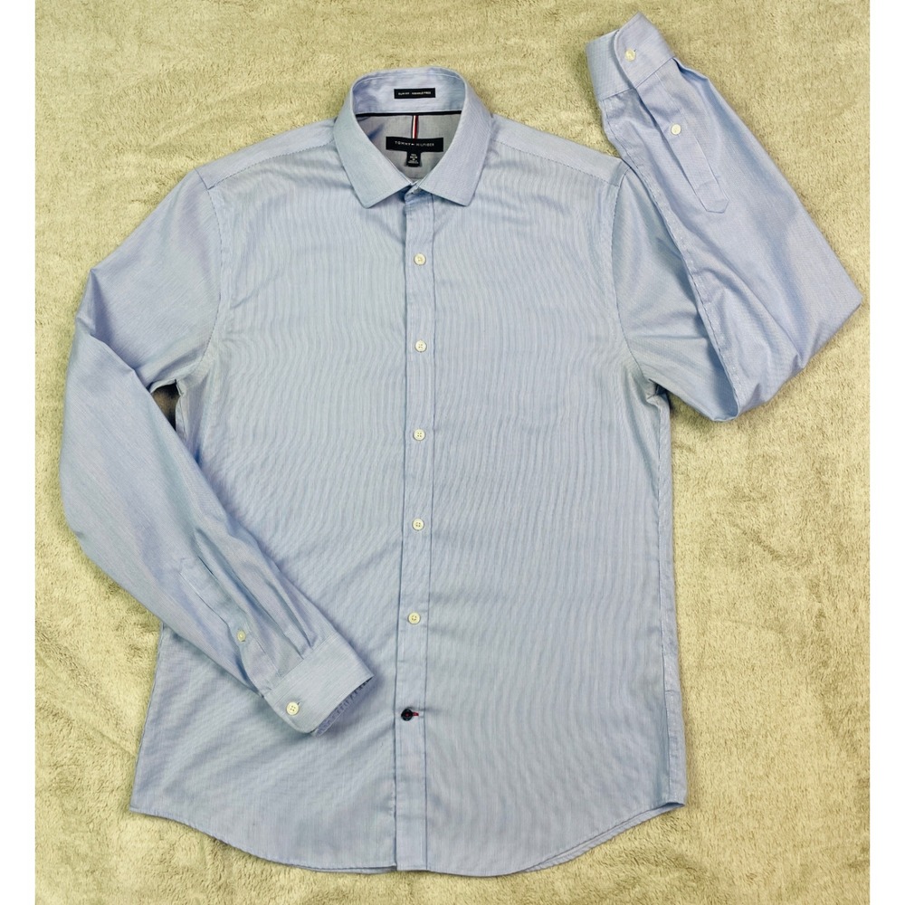 Tommy Hilfiger Dress Shirt Mens 15.5 34/35 Blue Slim Fit Wrinkle Free Excellent